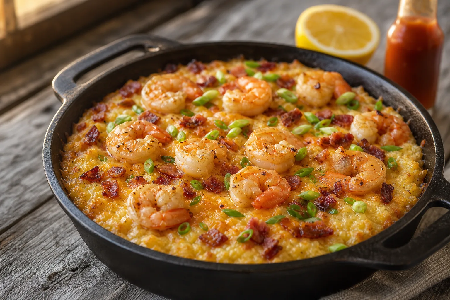 Cast iron skillet of baked cheese grits with pink curled shrimp pressed into the surface, topped with scallions and bacon