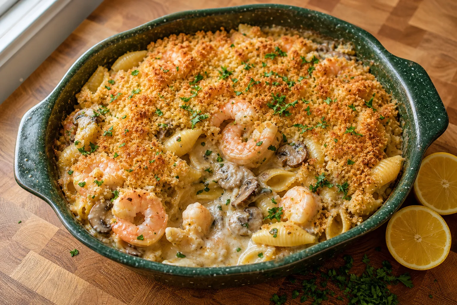 Overhead view of shrimp tetrazzini in a green ceramic dish, pink shrimp and pasta shells under a broken golden panko crust