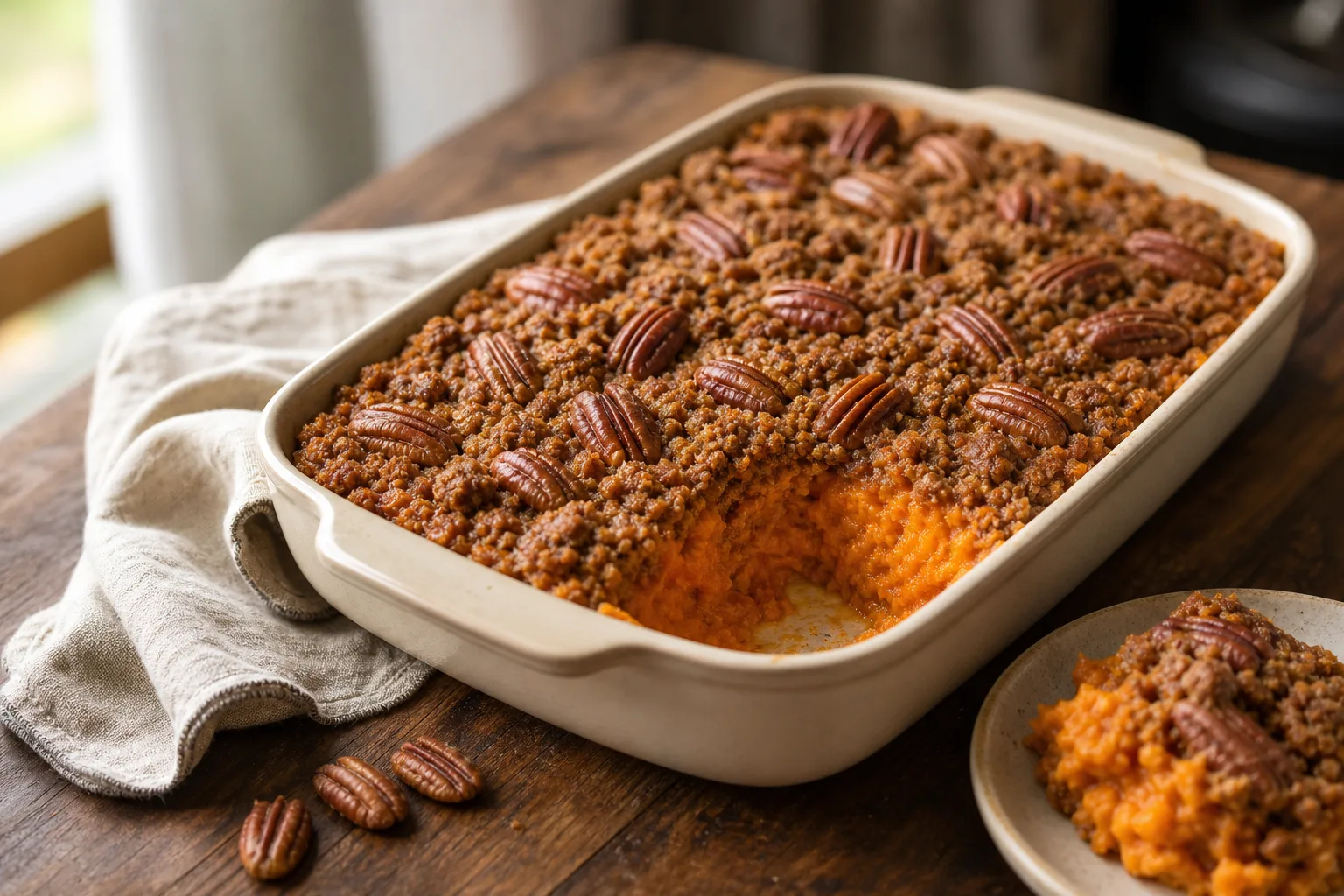 Sweet potato casserole in a cream stoneware dish with a golden pecan streusel topping, one corner served out