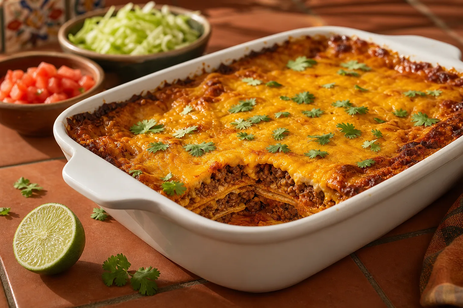 Taco casserole in a white dish with visible tortilla and beef layers at the cut edge and a bubbling browned cheese top