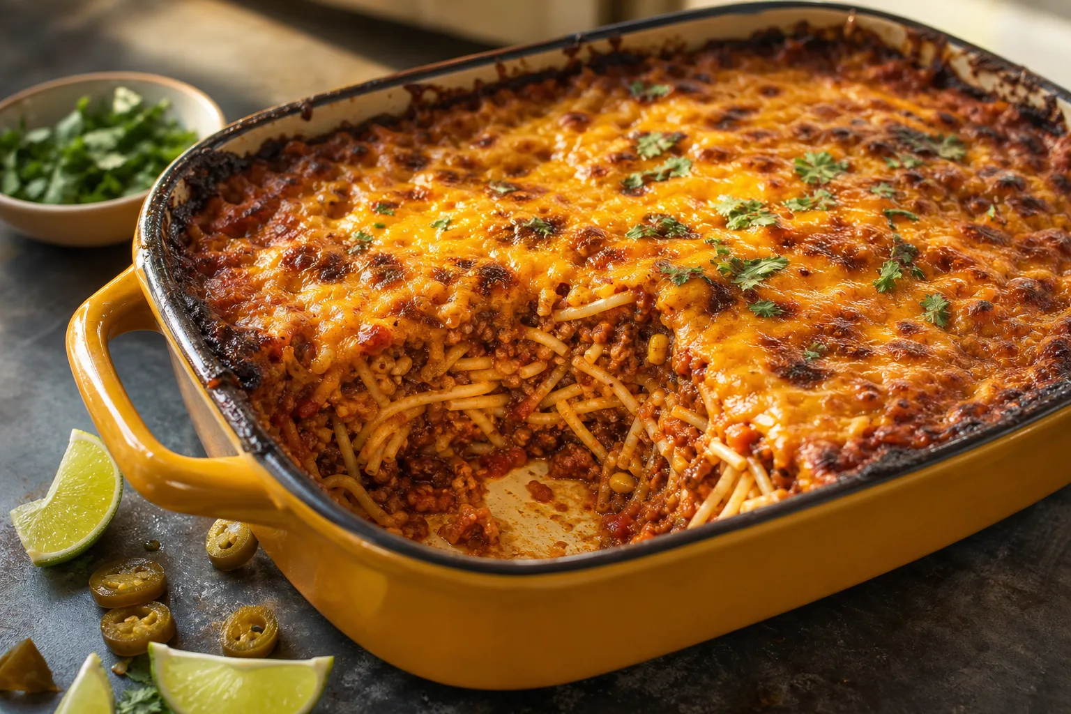 Taco spaghetti in a yellow enamel dish with one square removed, showing sauced strands under a blistered cheddar top