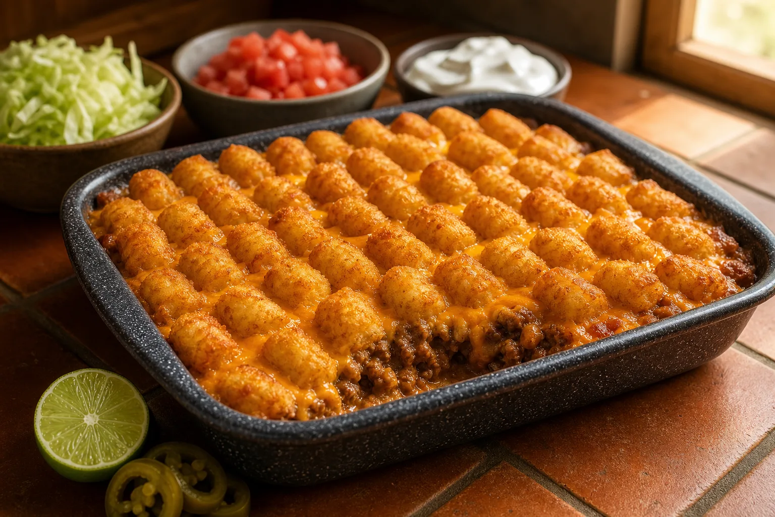 Taco tater tot casserole in a dark stoneware dish, golden tots over melted cheese, bowls of lettuce and sour cream behind