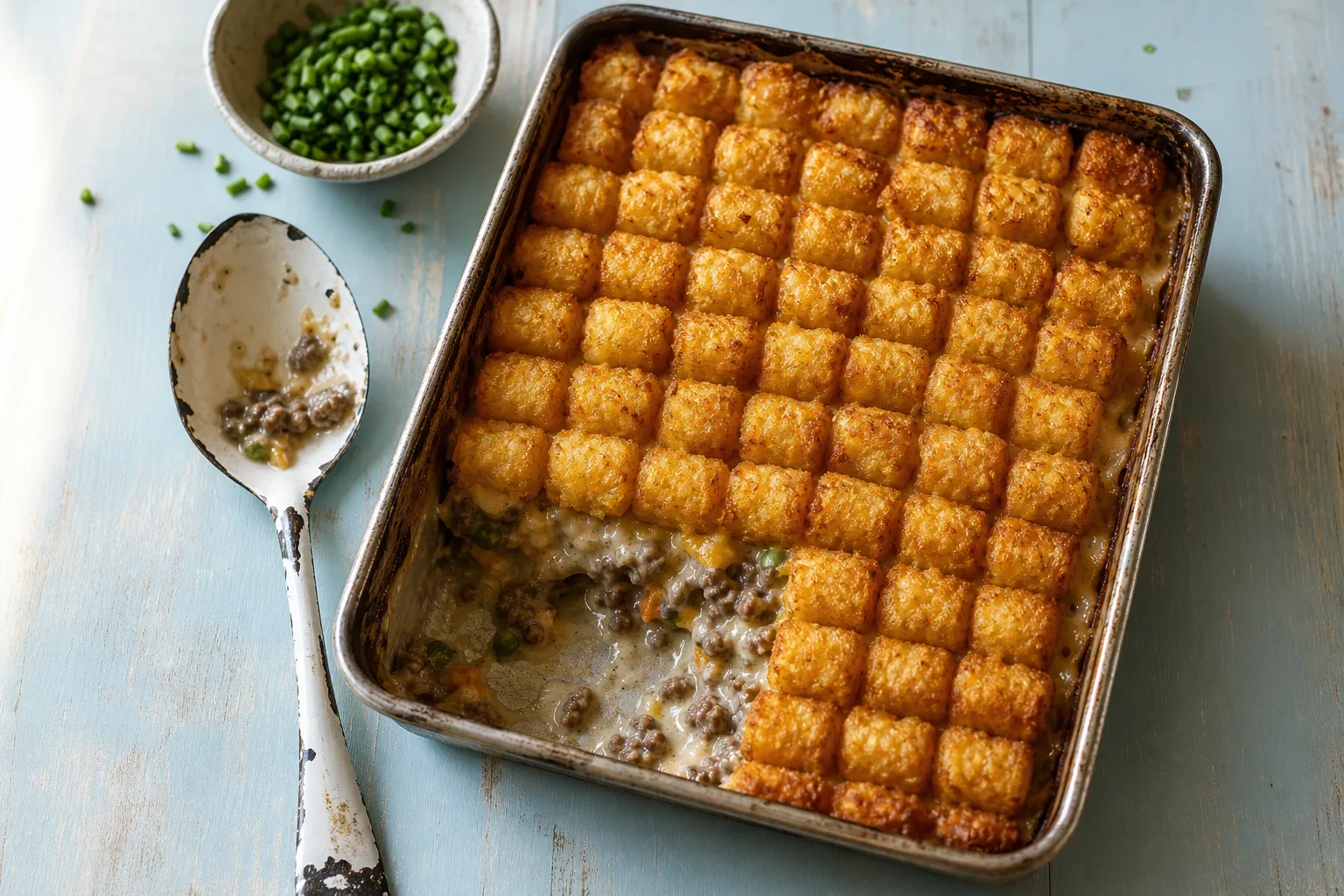 Tater tot hotdish in a metal pan, a grid of browned tots over creamy beef filling with one corner served out