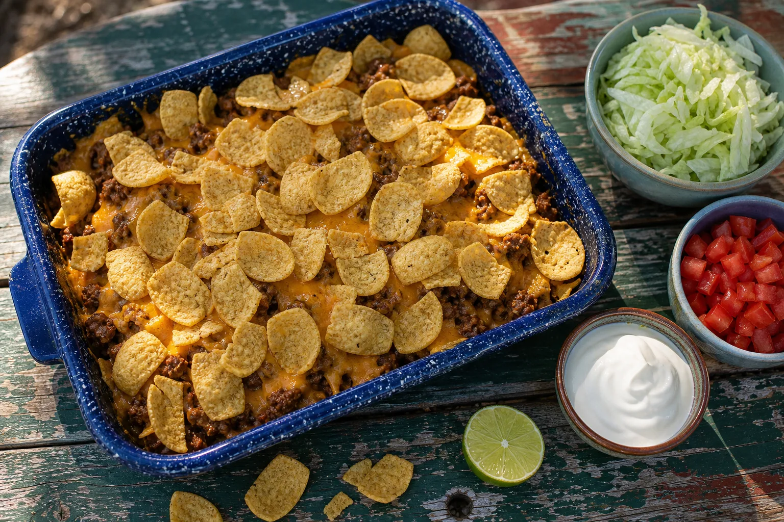 Walking taco casserole in a blue enamel dish under whole corn chips and melted cheddar, beside bowls of lettuce