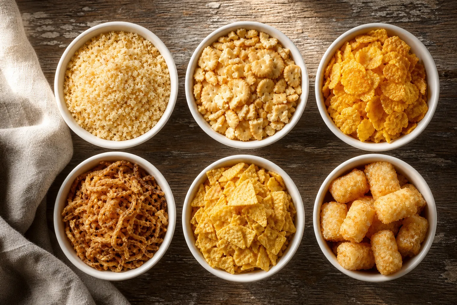 Six small bowls holding panko, crushed crackers, corn flakes, fried onions, corn chips and tater tots