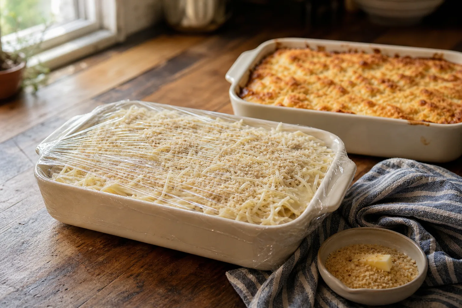 Two baking dishes side by side, one holding a wrapped unbaked casserole and one baked golden with a crumb crust